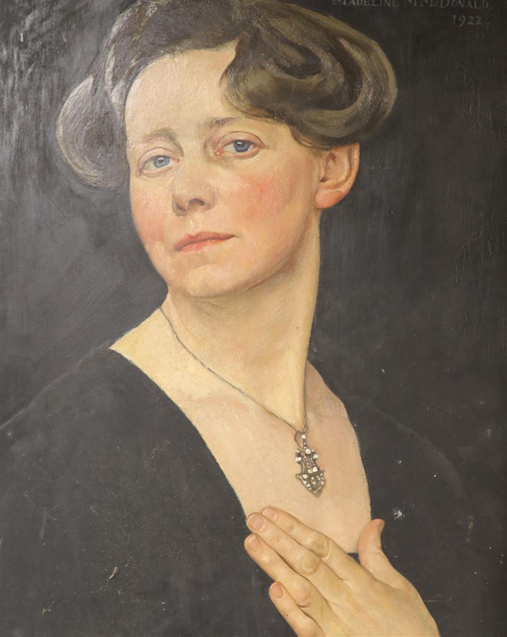 1920s English School, oil on panel, Portrait of Madelaine M. McDonald (1874-1942), dated 1922, 46 x 38cm, unframed